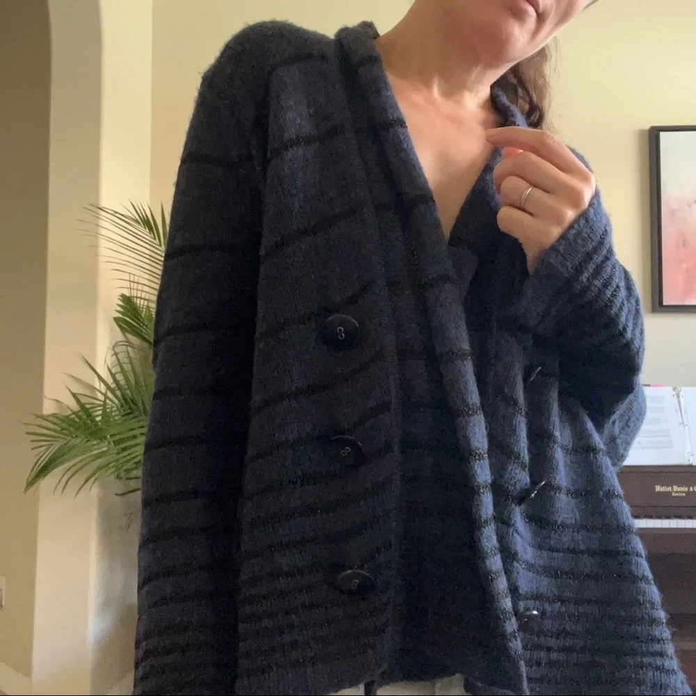 Free People Black and Blue Striped Sparkle Wool Blend Cardigan, size S
